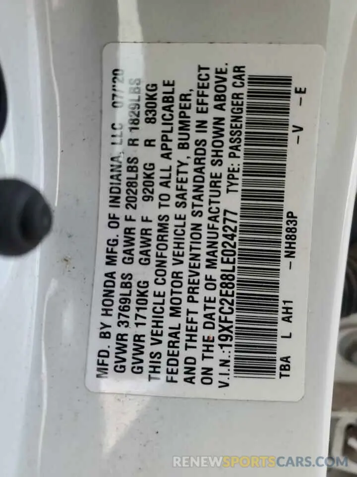 12 Фотография поврежденного автомобиля 19XFC2E88LE024277 HONDA CIVIC 2020