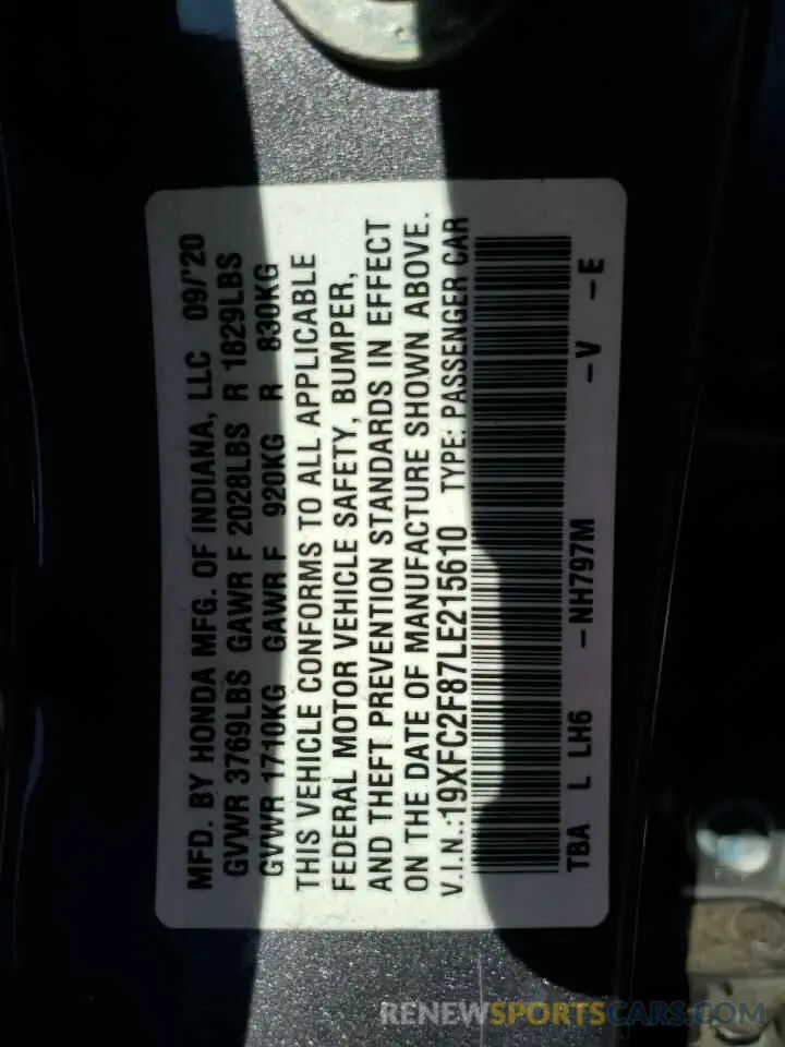 14 Фотография поврежденного автомобиля 19XFC2F87LE215610 HONDA CIVIC 2020