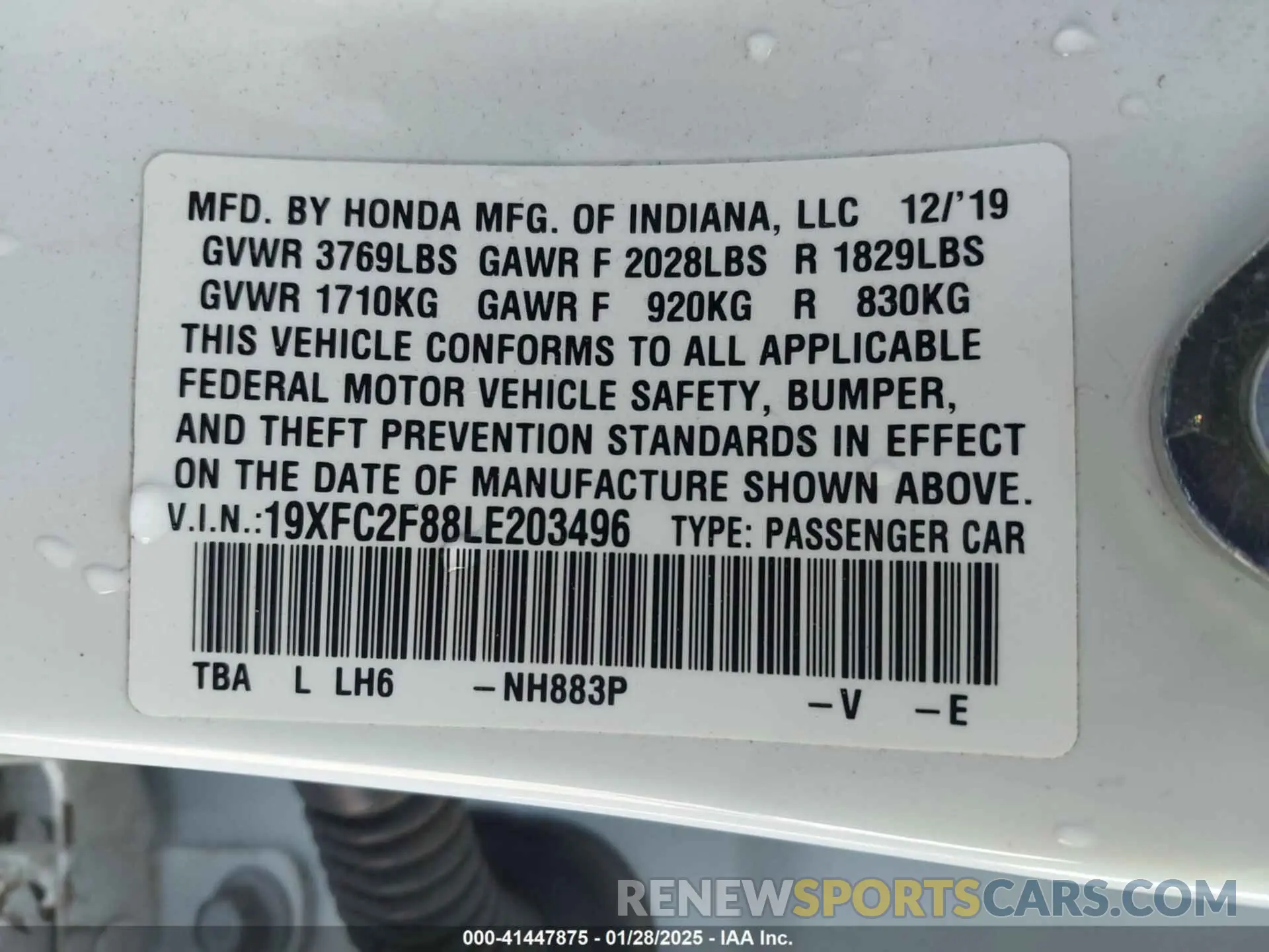 9 Photograph of a damaged car 19XFC2F88LE203496 HONDA CIVIC 2020