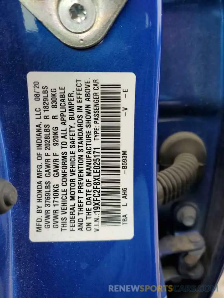 12 Фотография поврежденного автомобиля 19XFC2F8XLE025171 HONDA CIVIC 2020