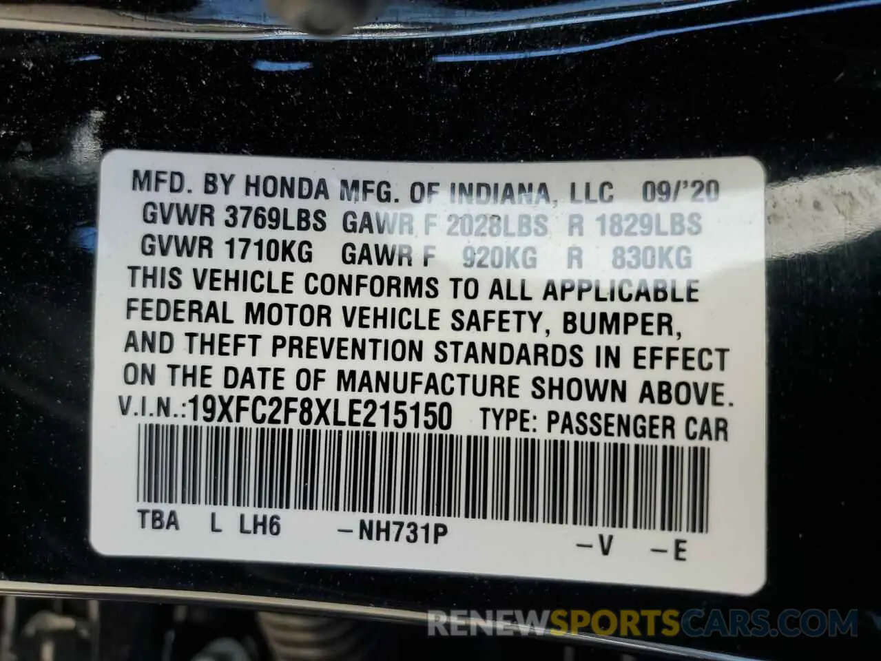 14 Photograph of a damaged car 19XFC2F8XLE215150 HONDA CIVIC 2020