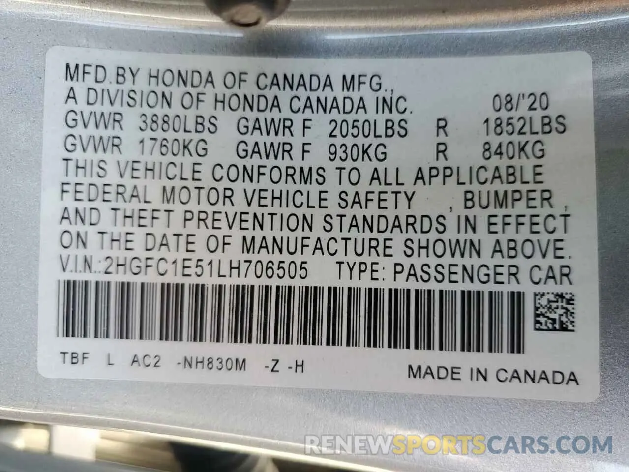 12 Photograph of a damaged car 2HGFC1E51LH706505 HONDA CIVIC 2020