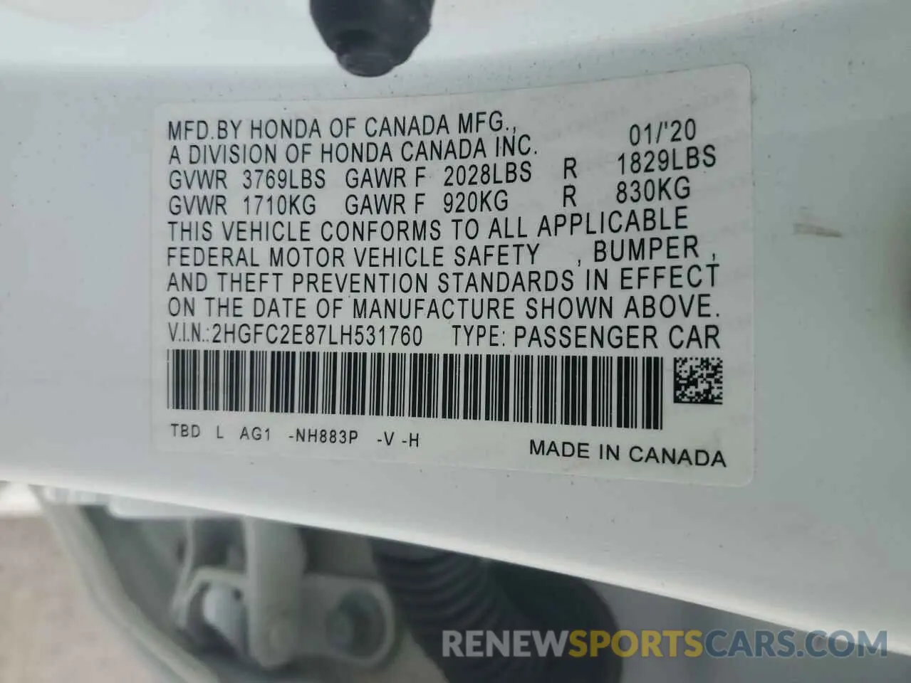 12 Photograph of a damaged car 2HGFC2E87LH531760 HONDA CIVIC 2020