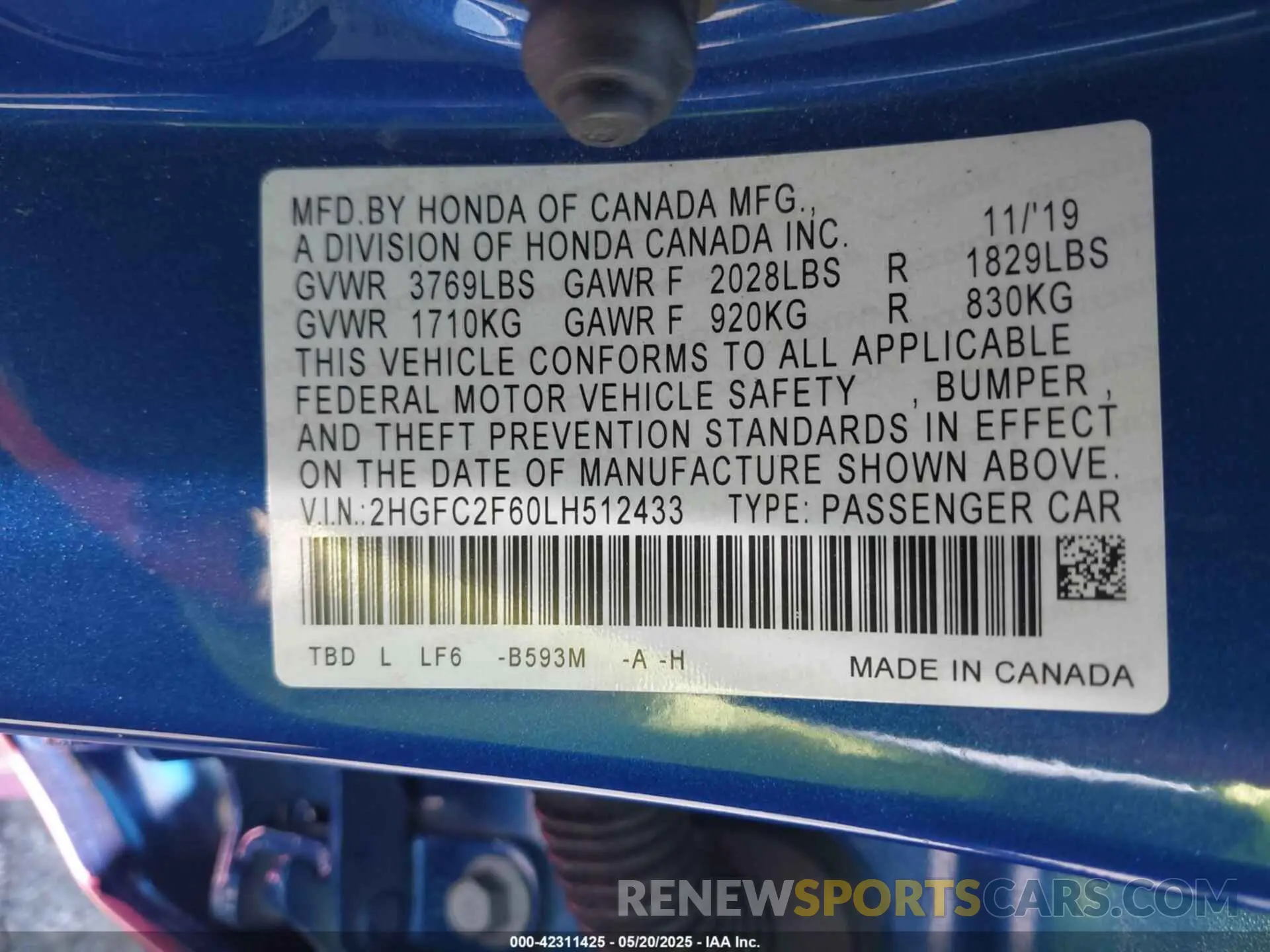 9 Фотография поврежденного автомобиля 2HGFC2F60LH512433 HONDA CIVIC 2020