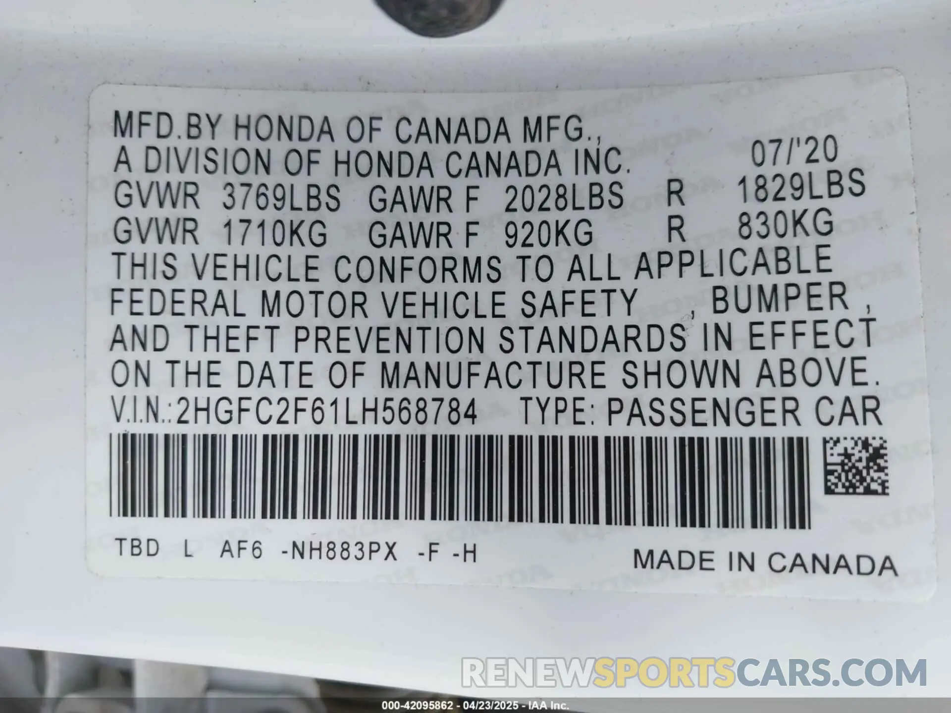 9 Photograph of a damaged car 2HGFC2F61LH568784 HONDA CIVIC 2020