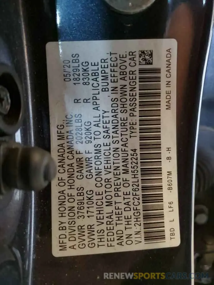 13 Фотография поврежденного автомобиля 2HGFC2F62LH552254 HONDA CIVIC 2020