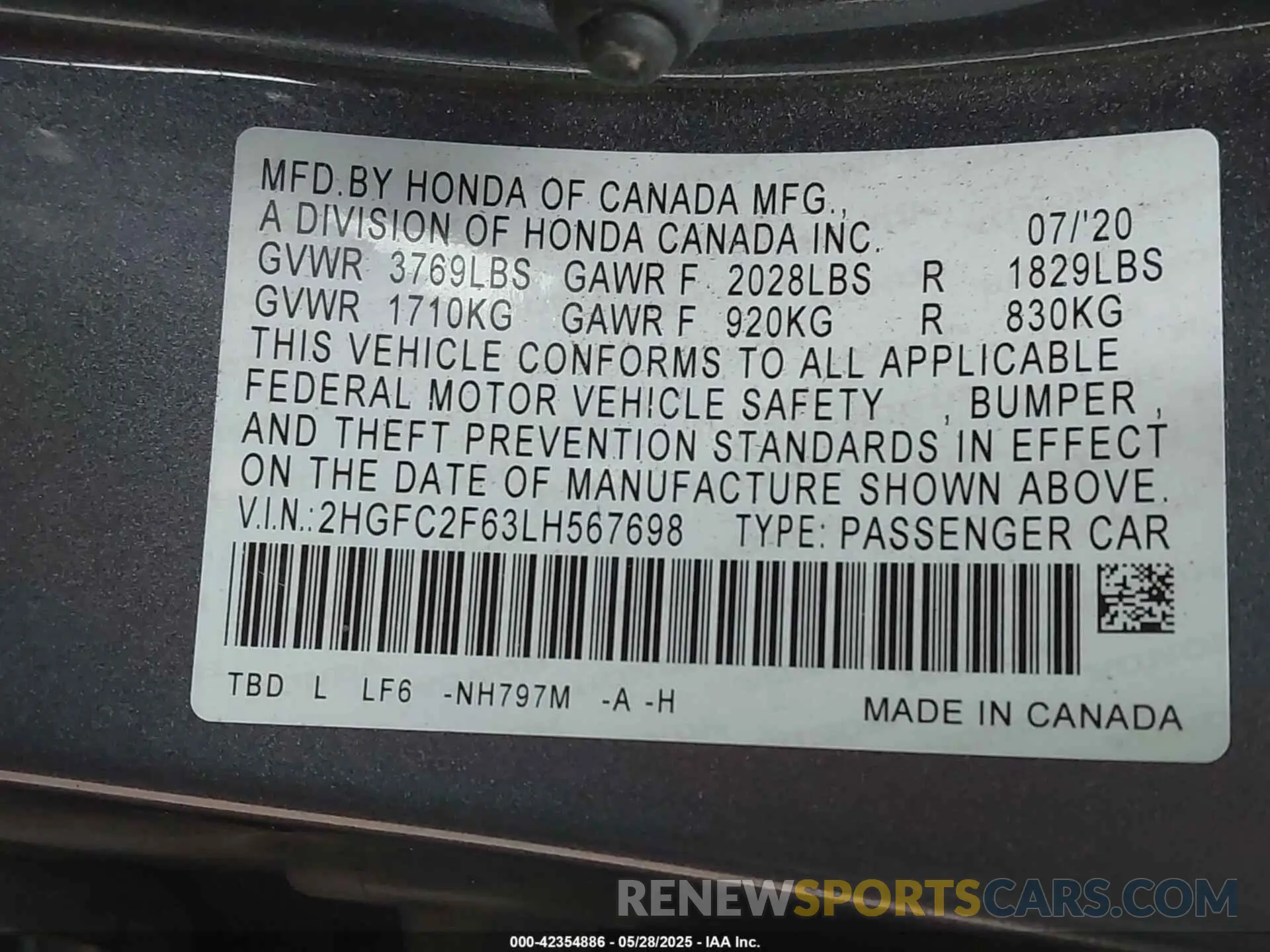 9 Фотография поврежденного автомобиля 2HGFC2F63LH567698 HONDA CIVIC 2020