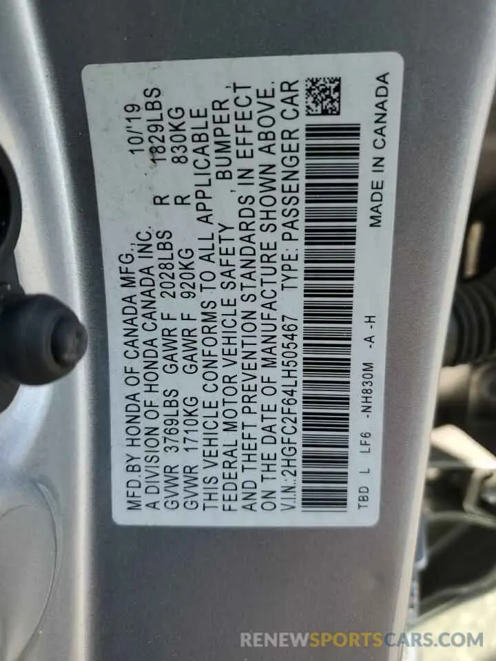 12 Фотография поврежденного автомобиля 2HGFC2F64LH505467 HONDA CIVIC 2020