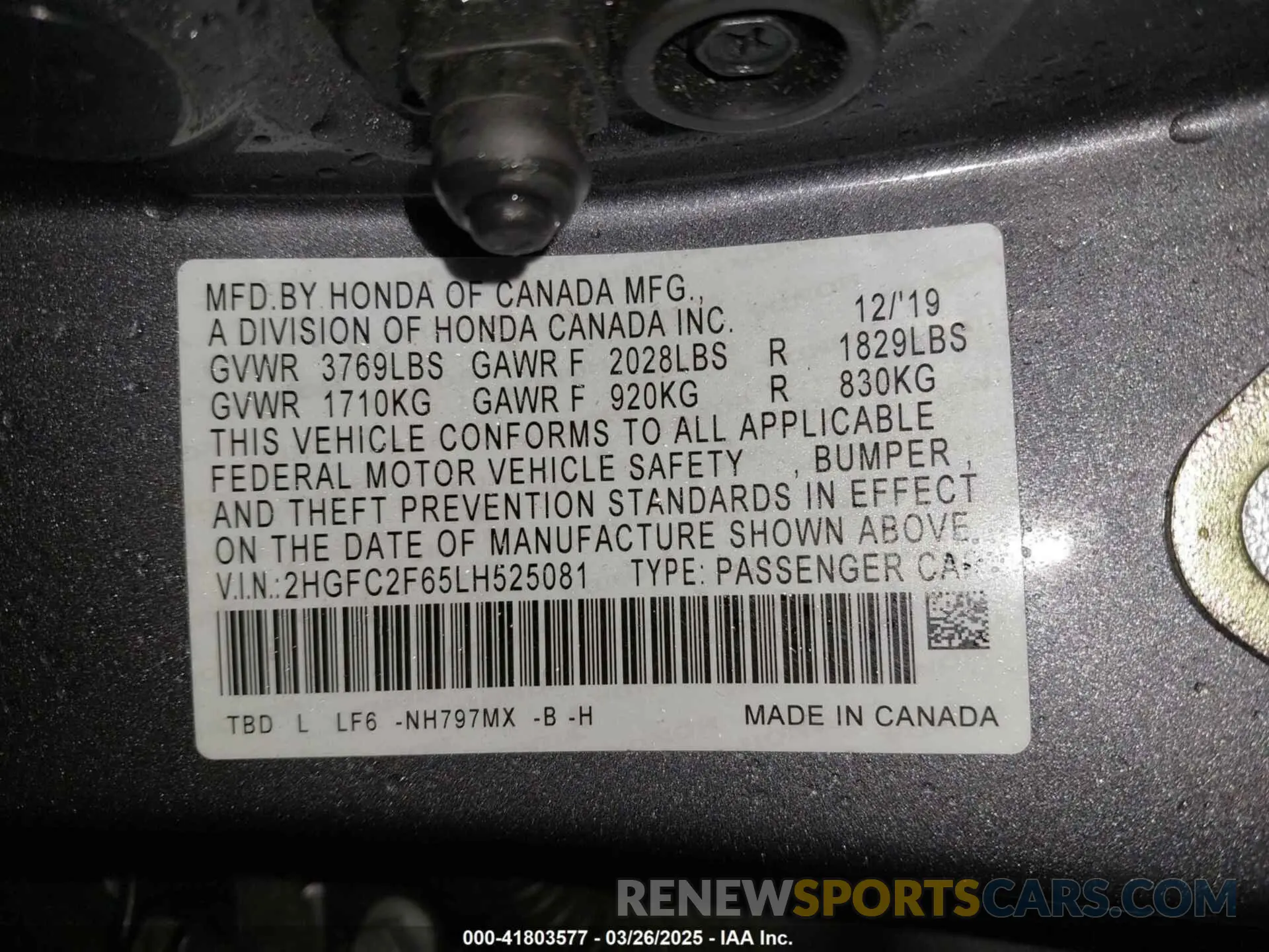 9 Photograph of a damaged car 2HGFC2F65LH525081 HONDA CIVIC 2020