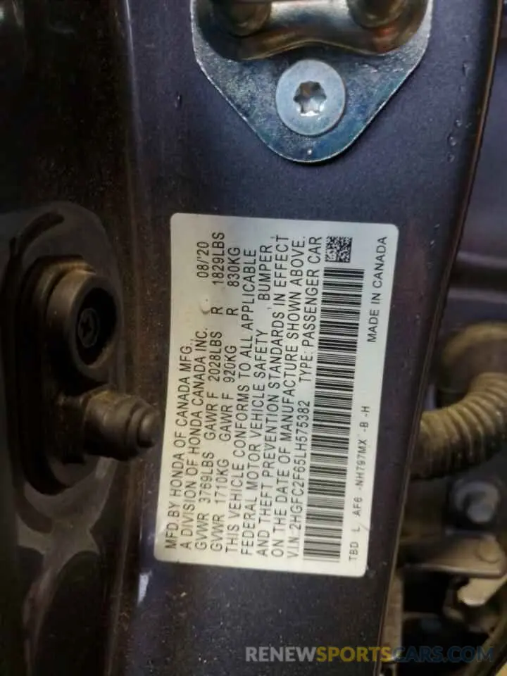 14 Фотография поврежденного автомобиля 2HGFC2F65LH575382 HONDA CIVIC 2020