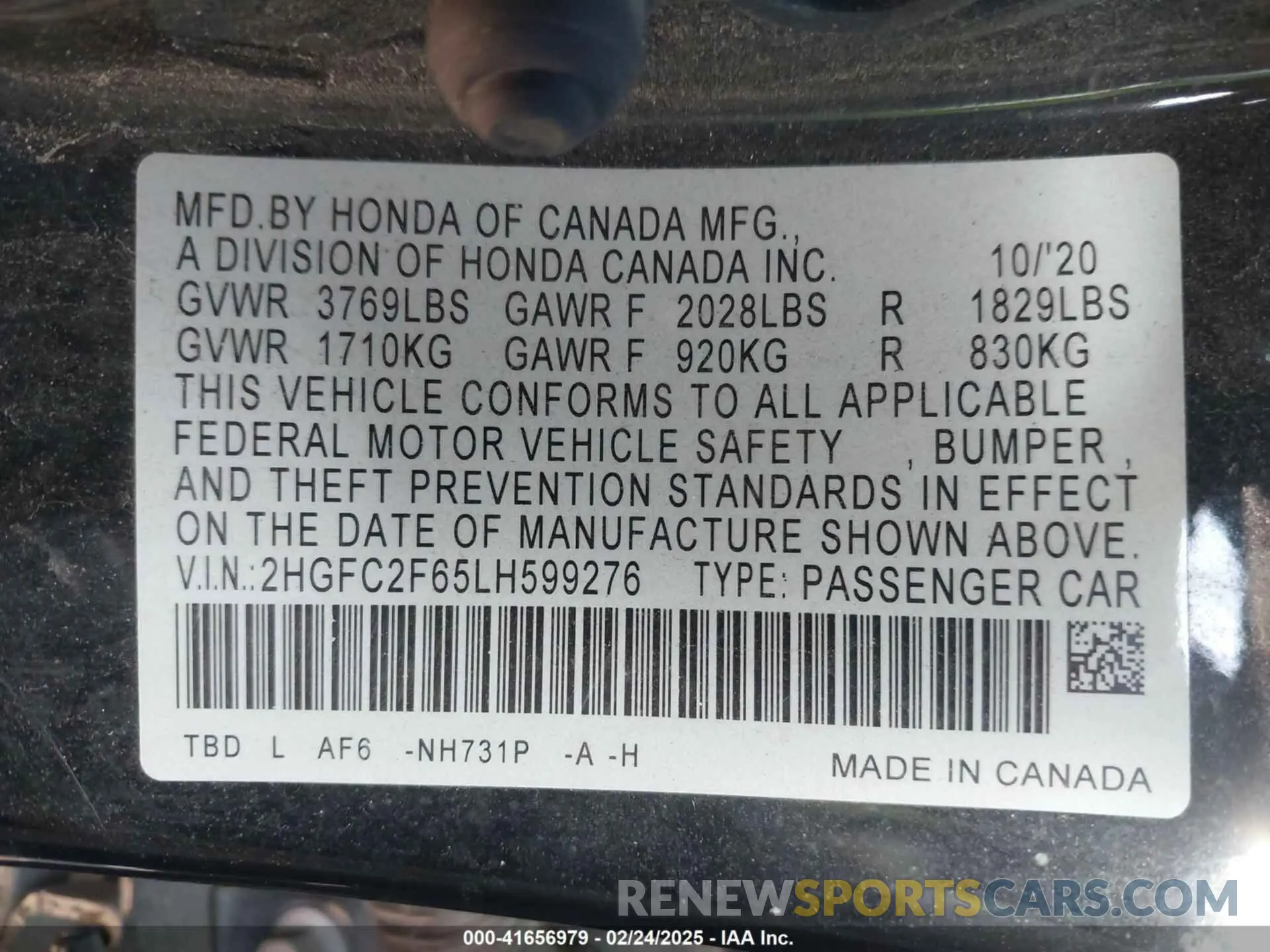 9 Фотография поврежденного автомобиля 2HGFC2F65LH599276 HONDA CIVIC 2020