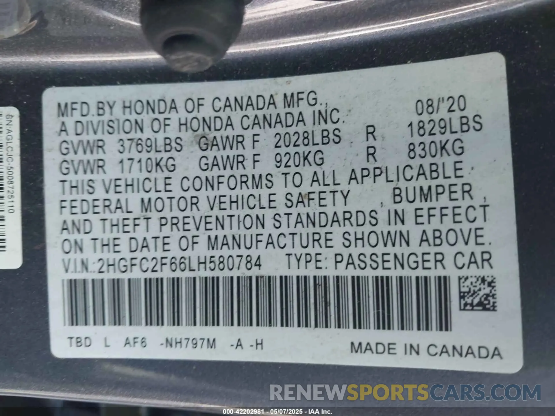 9 Photograph of a damaged car 2HGFC2F66LH580784 HONDA CIVIC 2020