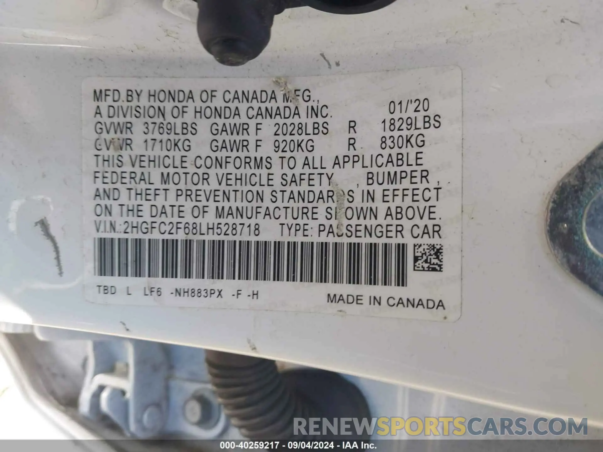 9 Photograph of a damaged car 2HGFC2F68LH528718 HONDA CIVIC 2020