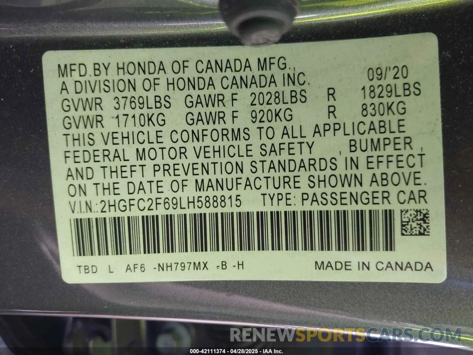 9 Photograph of a damaged car 2HGFC2F69LH588815 HONDA CIVIC 2020