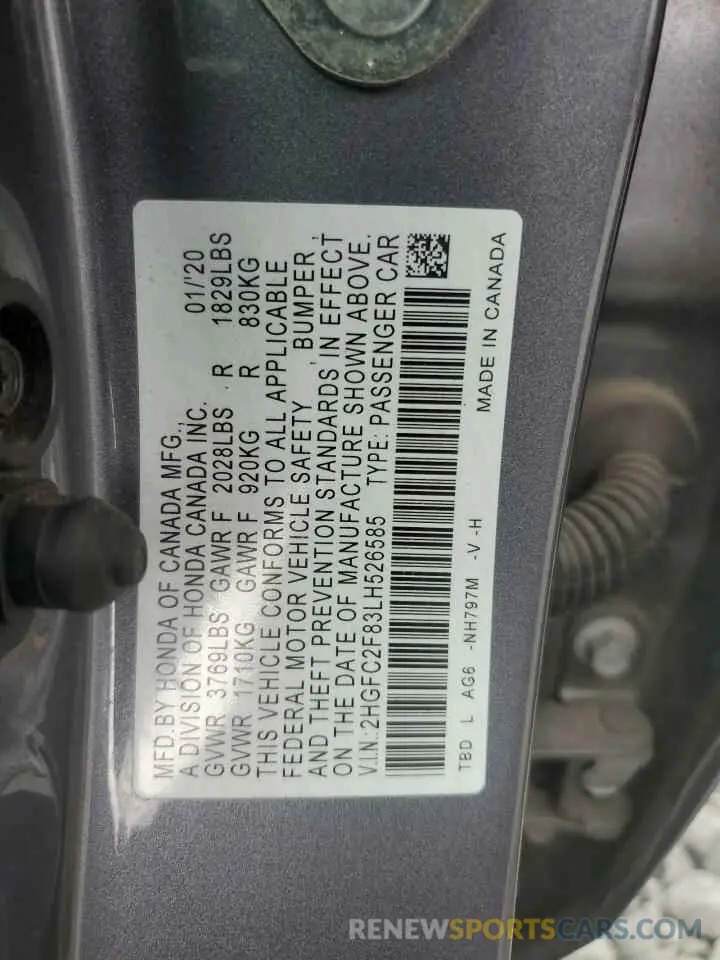 14 Фотография поврежденного автомобиля 2HGFC2F83LH526585 HONDA CIVIC 2020