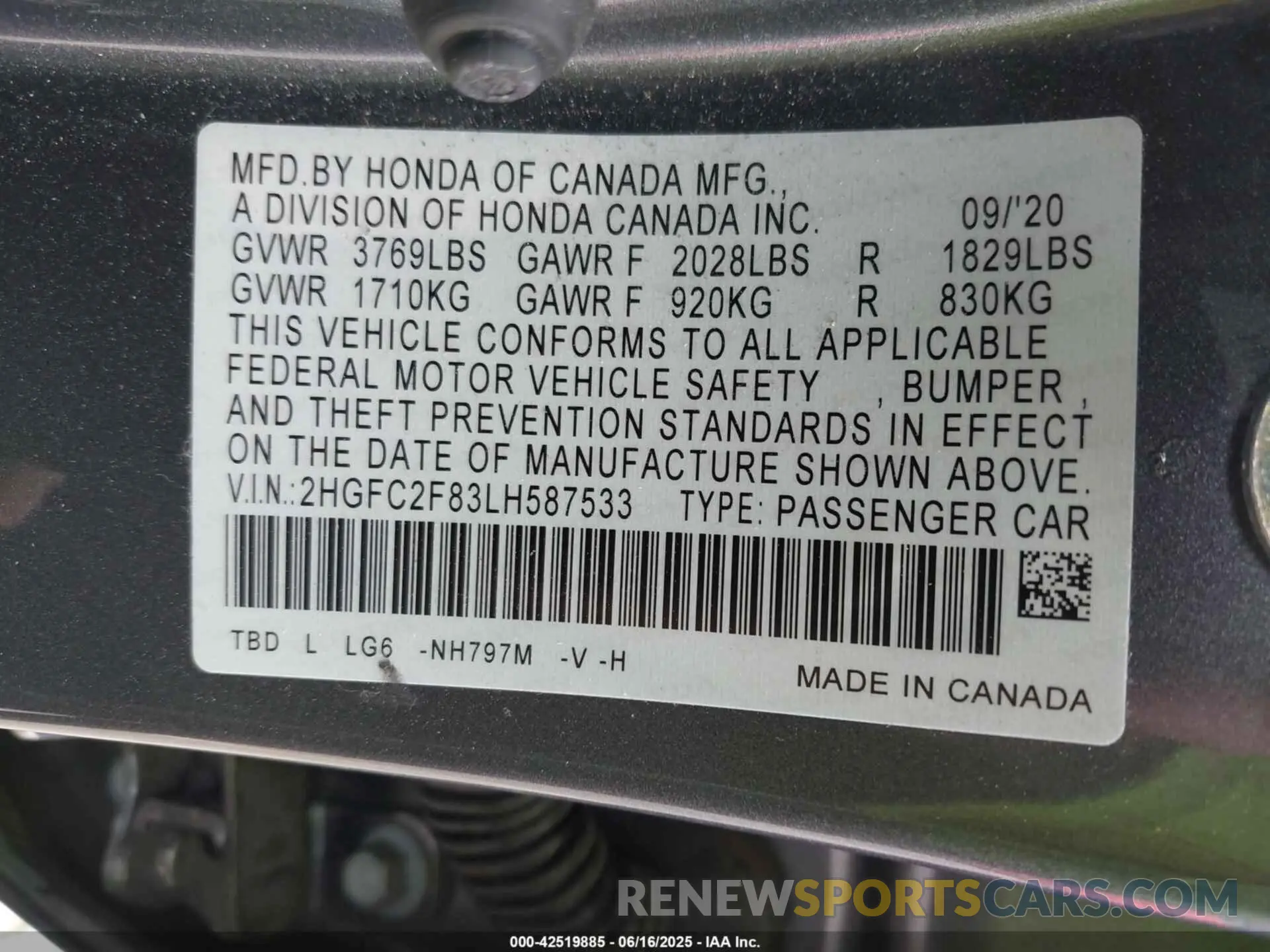 9 Photograph of a damaged car 2HGFC2F83LH587533 HONDA CIVIC 2020