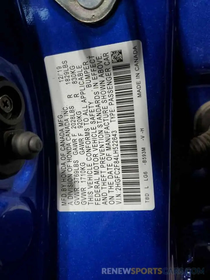 12 Фотография поврежденного автомобиля 2HGFC2F84LH522643 HONDA CIVIC 2020