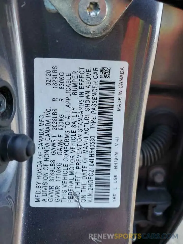 12 Фотография поврежденного автомобиля 2HGFC2F84LH540530 HONDA CIVIC 2020