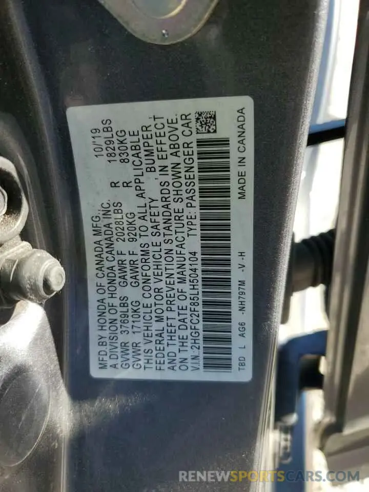 14 Фотография поврежденного автомобиля 2HGFC2F85LH504104 HONDA CIVIC 2020