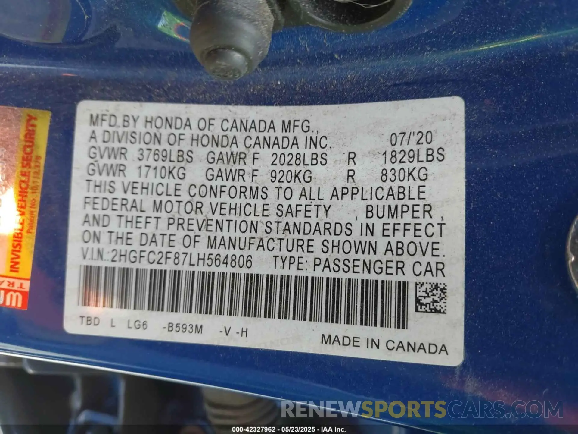 9 Photograph of a damaged car 2HGFC2F87LH564806 HONDA CIVIC 2020