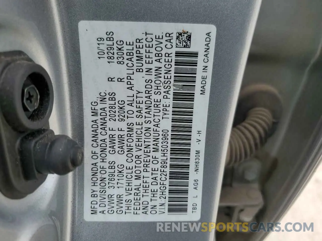 14 Фотография поврежденного автомобиля 2HGFC2F89LH503960 HONDA CIVIC 2020