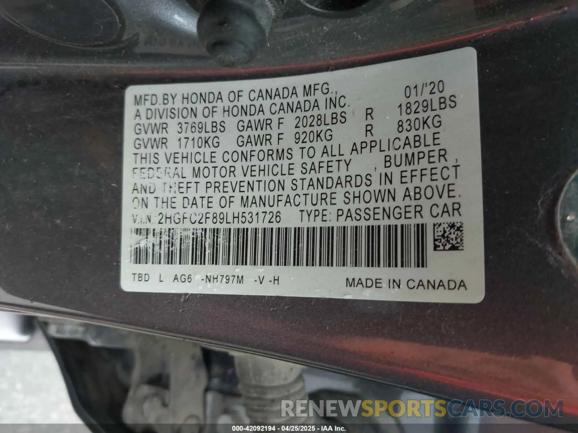 9 Photograph of a damaged car 2HGFC2F89LH531726 HONDA CIVIC 2020