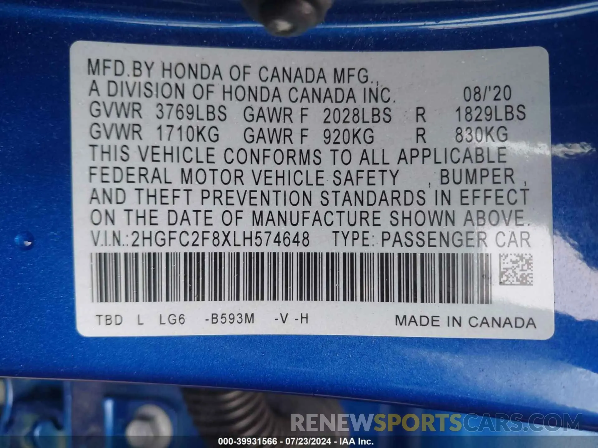 9 Photograph of a damaged car 2HGFC2F8XLH574648 HONDA CIVIC 2020