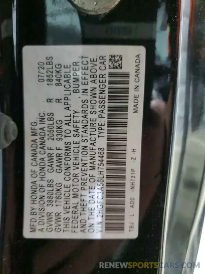 12 Фотография поврежденного автомобиля 2HGFC3A56LH754468 HONDA CIVIC 2020