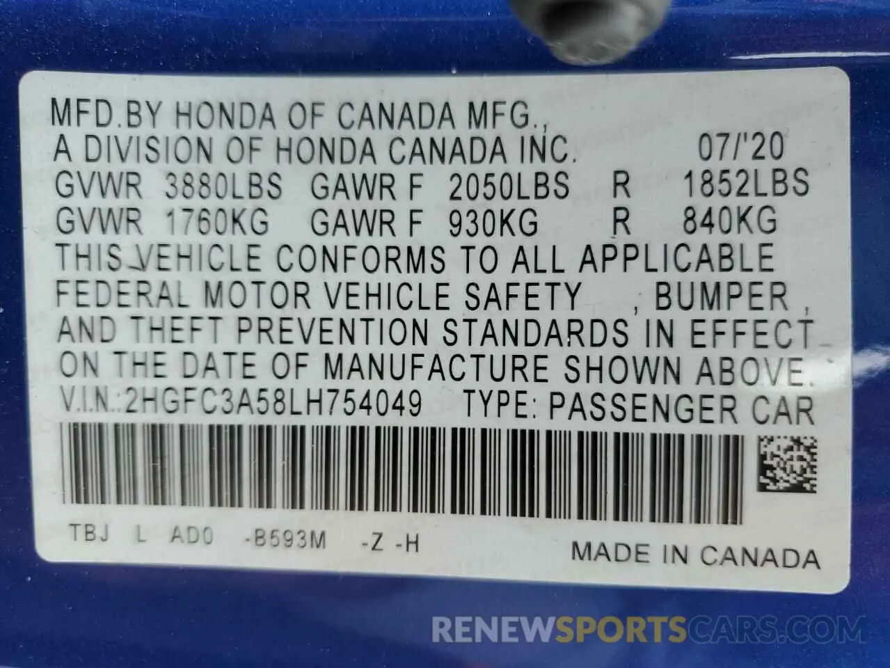 13 Photograph of a damaged car 2HGFC3A58LH754049 HONDA CIVIC 2020