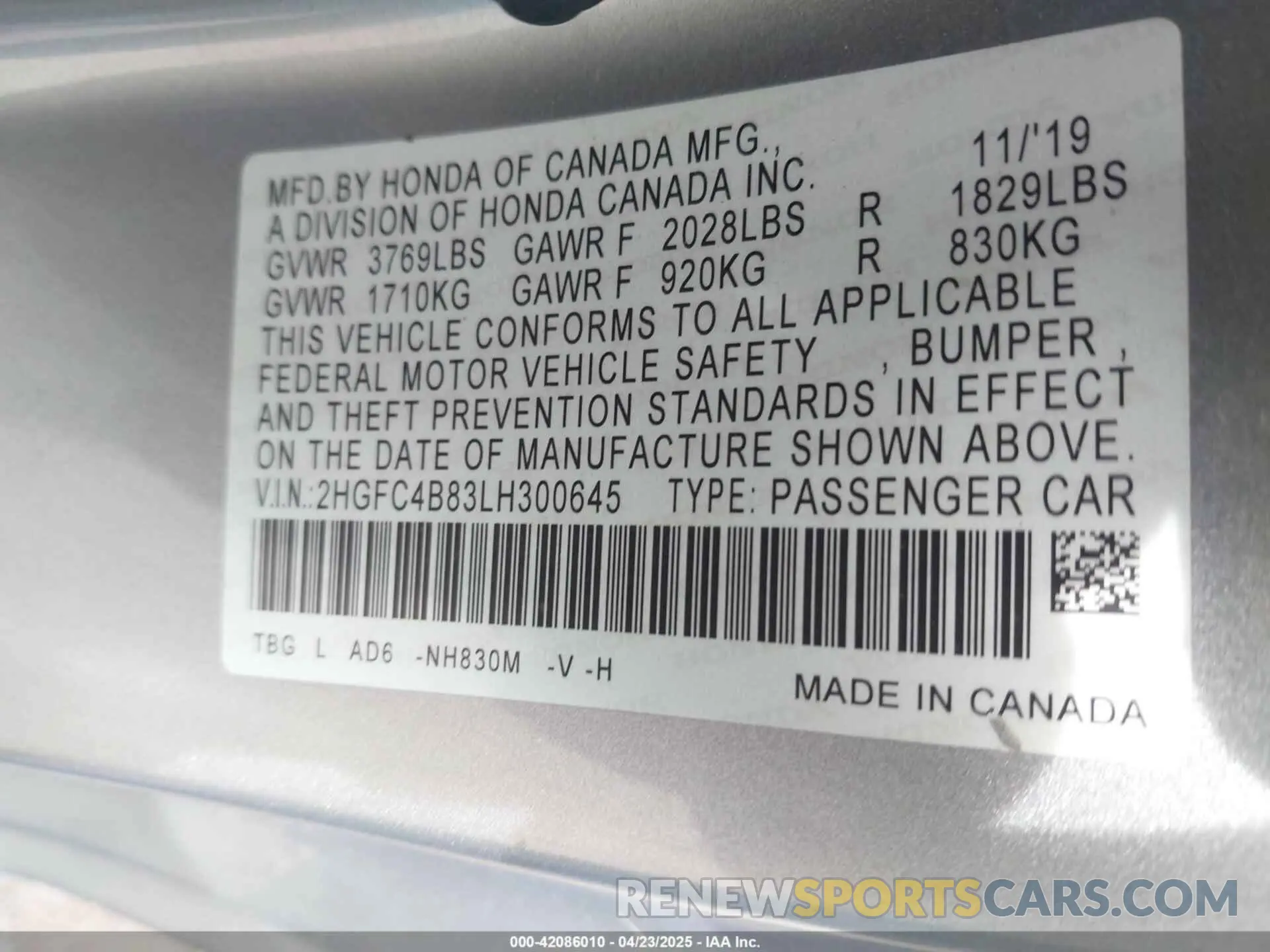 9 Photograph of a damaged car 2HGFC4B83LH300645 HONDA CIVIC 2020