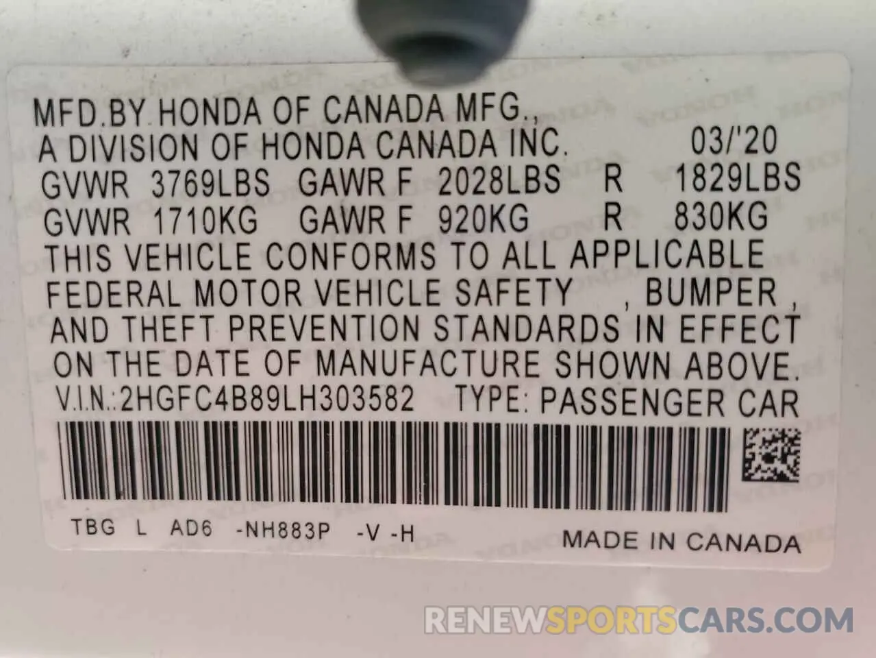 12 Photograph of a damaged car 2HGFC4B89LH303582 HONDA CIVIC 2020
