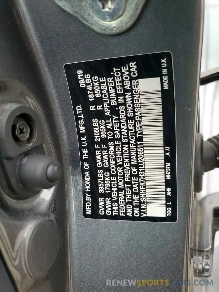 12 Photograph of a damaged car SHHFK7H31LU206511 HONDA CIVIC 2020