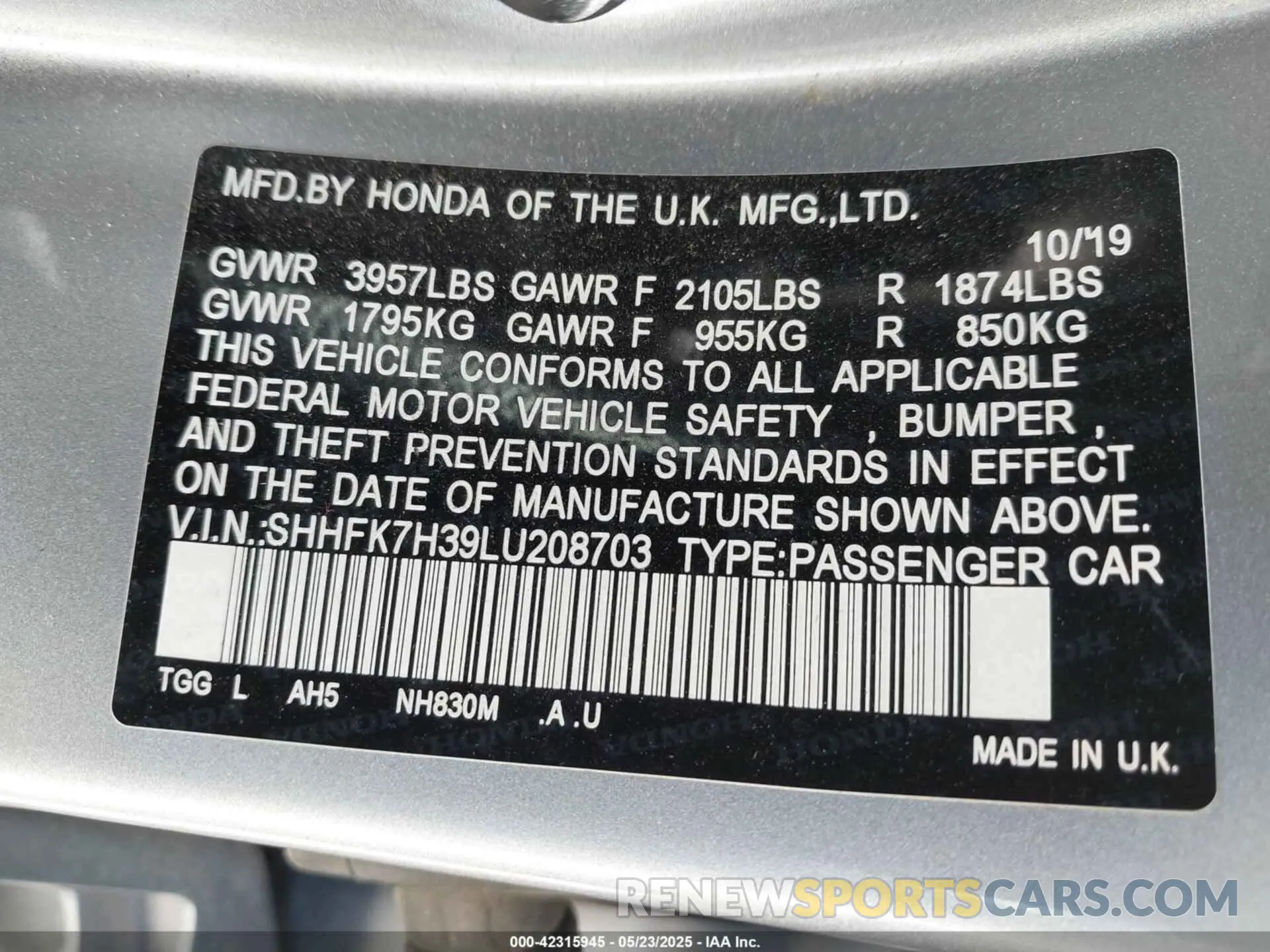9 Photograph of a damaged car SHHFK7H39LU208703 HONDA CIVIC 2020