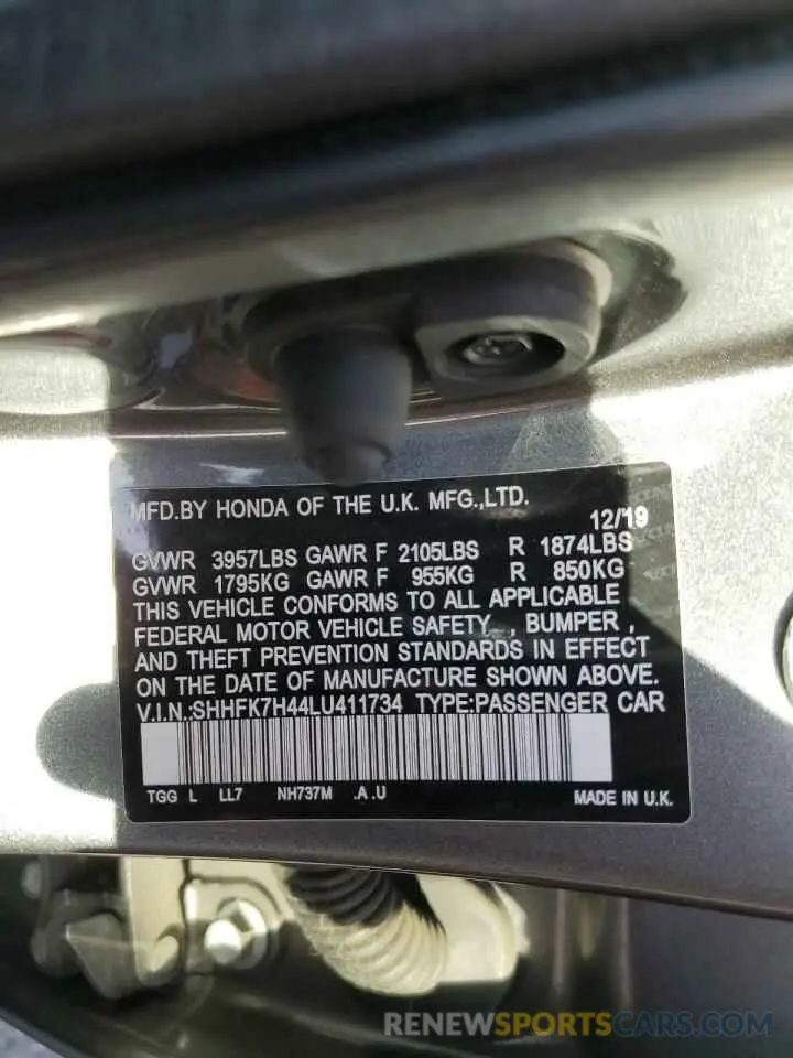 12 Photograph of a damaged car SHHFK7H44LU411734 HONDA CIVIC 2020