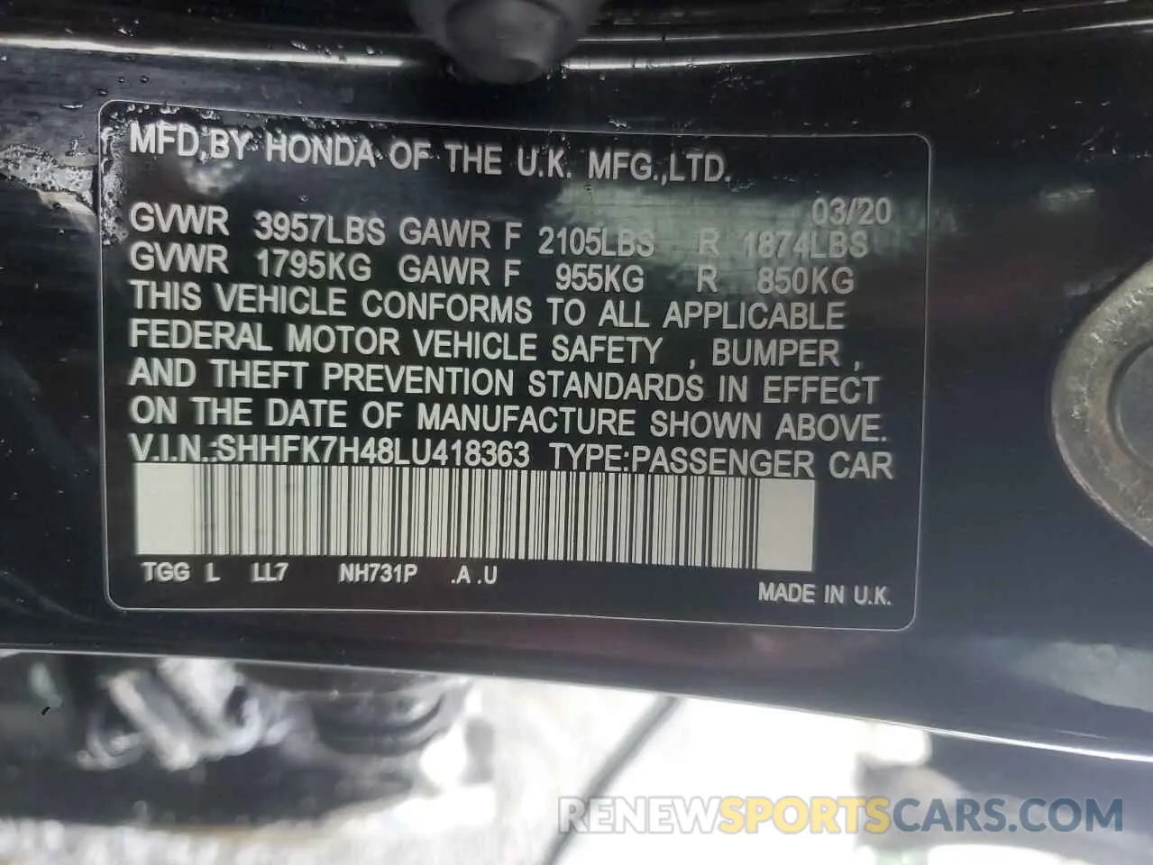 14 Photograph of a damaged car SHHFK7H48LU418363 HONDA CIVIC 2020