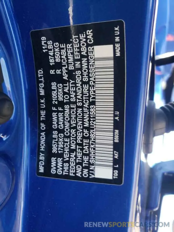 12 Photograph of a damaged car SHHFK7H82LU211583 HONDA CIVIC 2020
