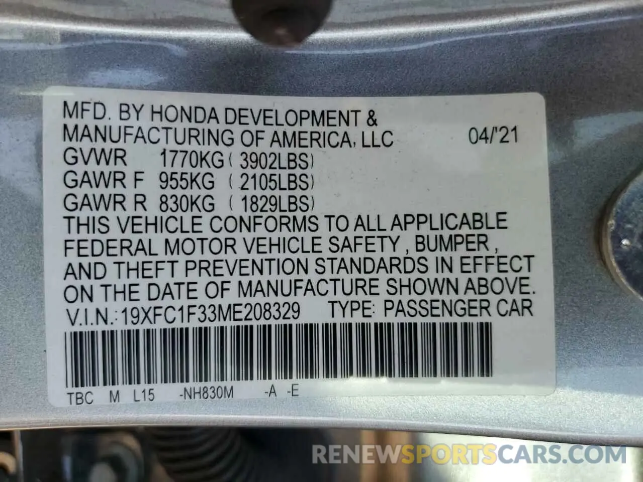12 Photograph of a damaged car 19XFC1F33ME208329 HONDA CIVIC 2021