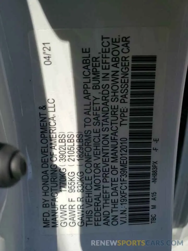 13 Photograph of a damaged car 19XFC1F39ME012010 HONDA CIVIC 2021