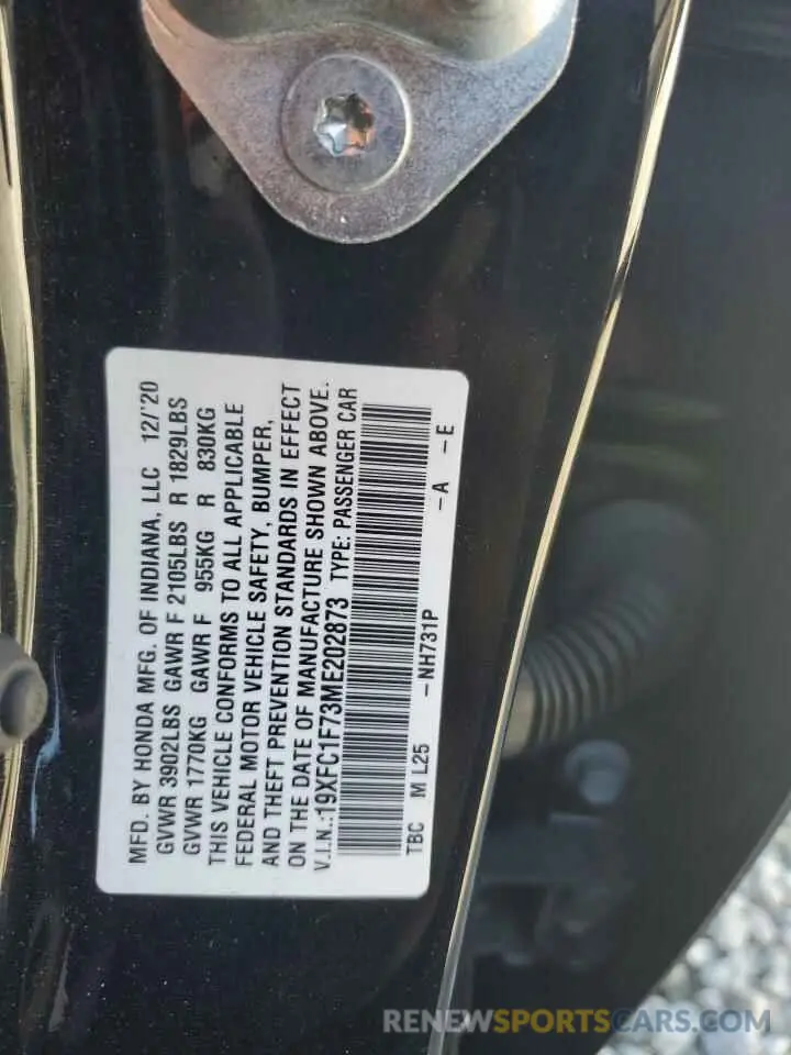 13 Photograph of a damaged car 19XFC1F73ME202873 HONDA CIVIC 2021