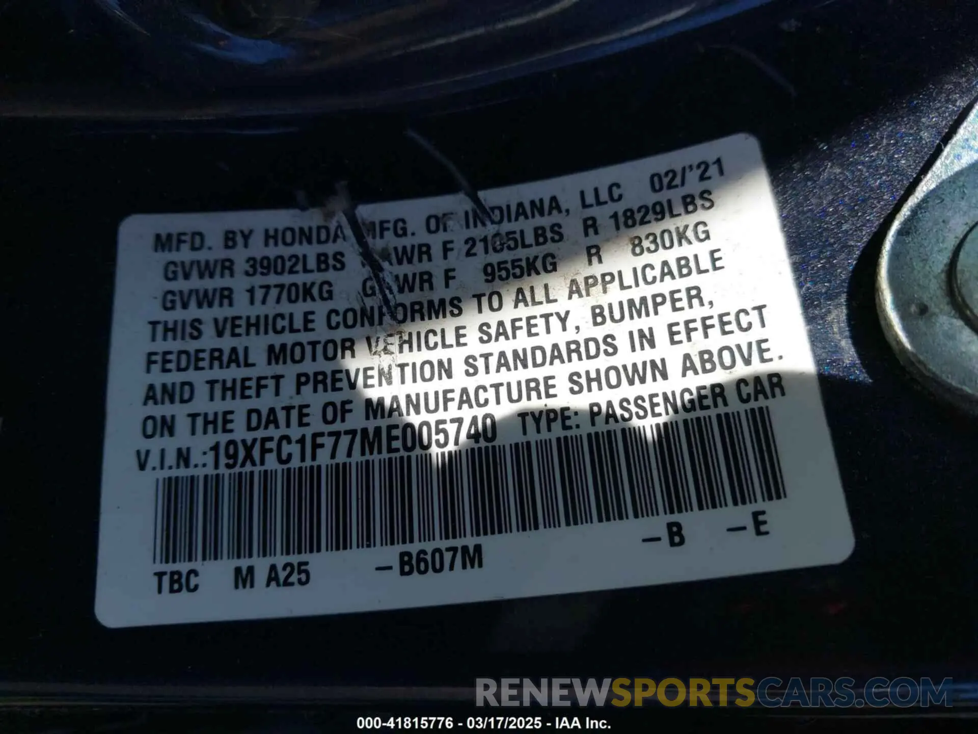 9 Фотография поврежденного автомобиля 19XFC1F77ME005740 HONDA CIVIC 2021