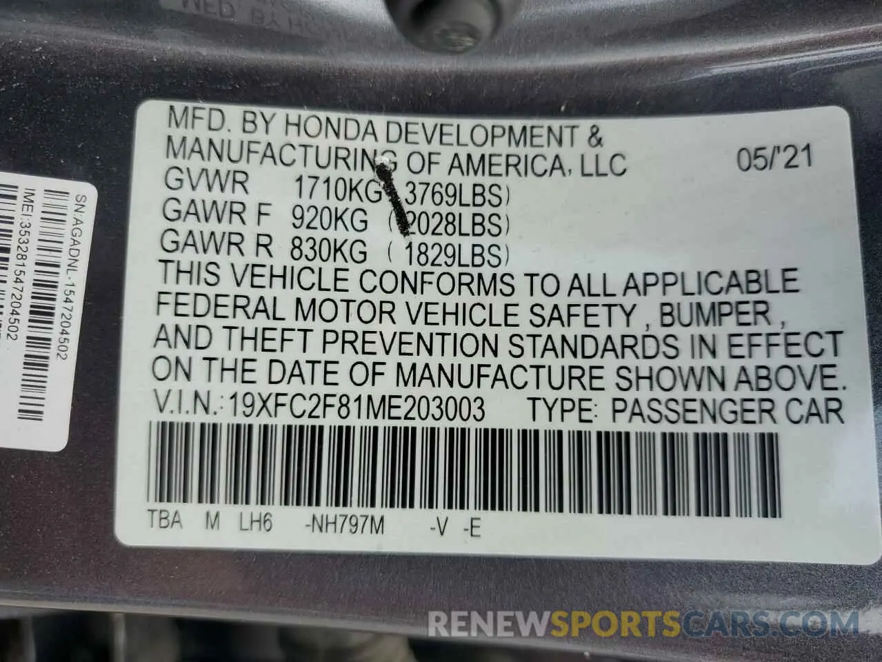 13 Фотография поврежденного автомобиля 19XFC2F81ME203003 HONDA CIVIC 2021