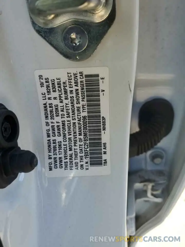 12 Photograph of a damaged car 19XFC2F85ME000096 HONDA CIVIC 2021