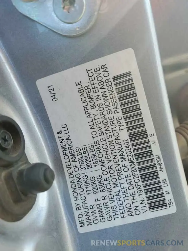 12 Фотография поврежденного автомобиля 19XFC2F8XME202402 HONDA CIVIC 2021