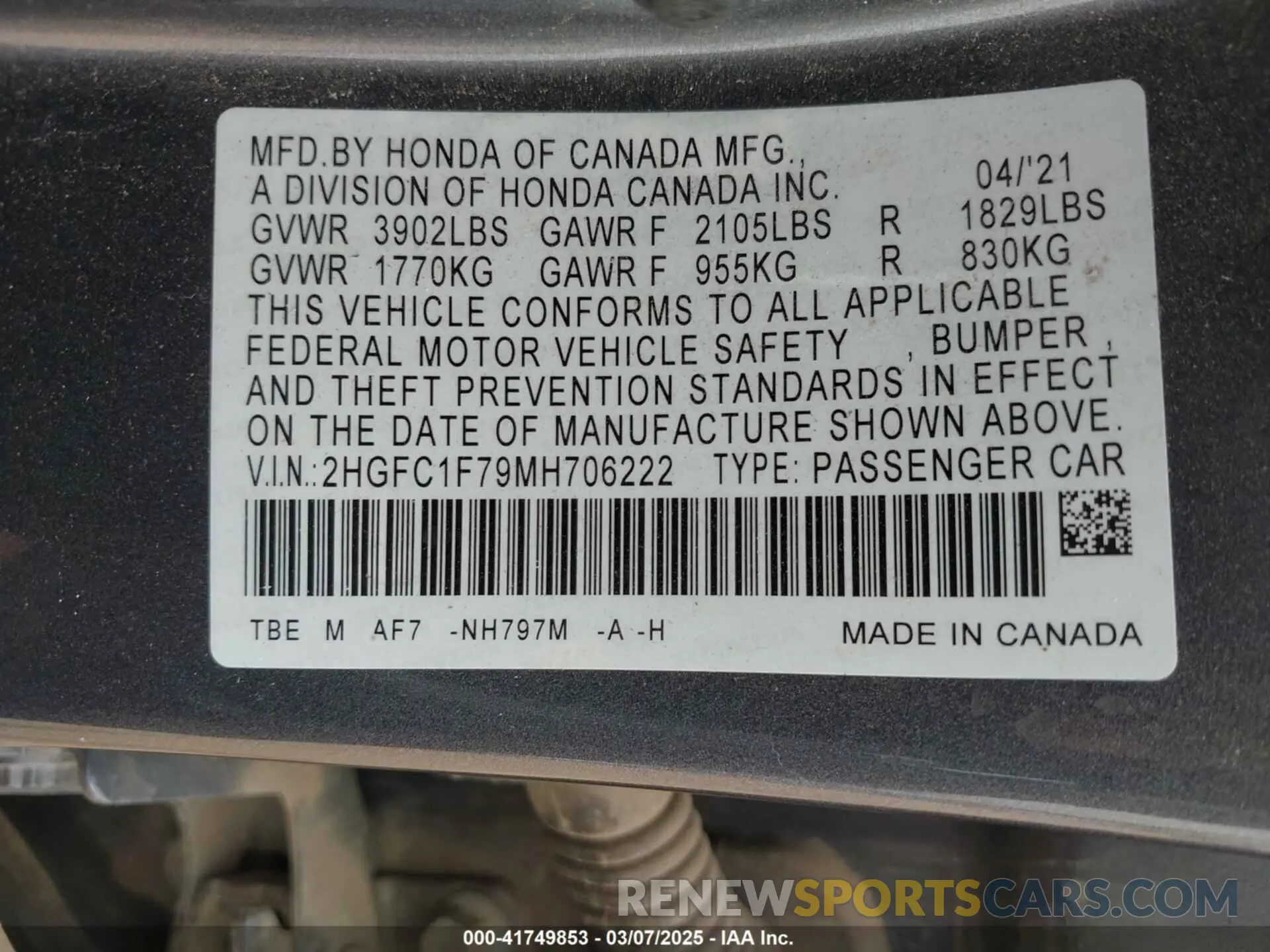 9 Photograph of a damaged car 2HGFC1F79MH706222 HONDA CIVIC 2021