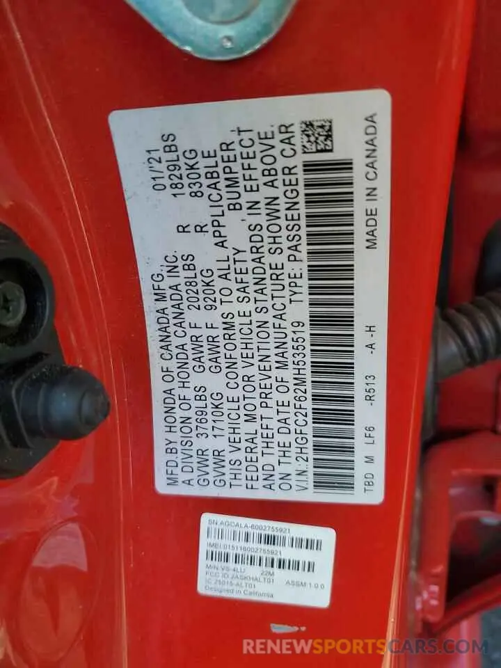 12 Фотография поврежденного автомобиля 2HGFC2F62MH535519 HONDA CIVIC 2021