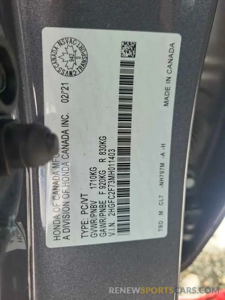 12 Фотография поврежденного автомобиля 2HGFC2F73MH011403 HONDA CIVIC 2021