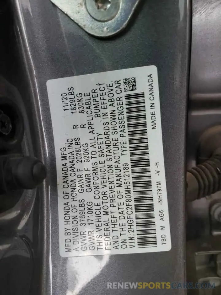 13 Фотография поврежденного автомобиля 2HGFC2F80MH512189 HONDA CIVIC 2021
