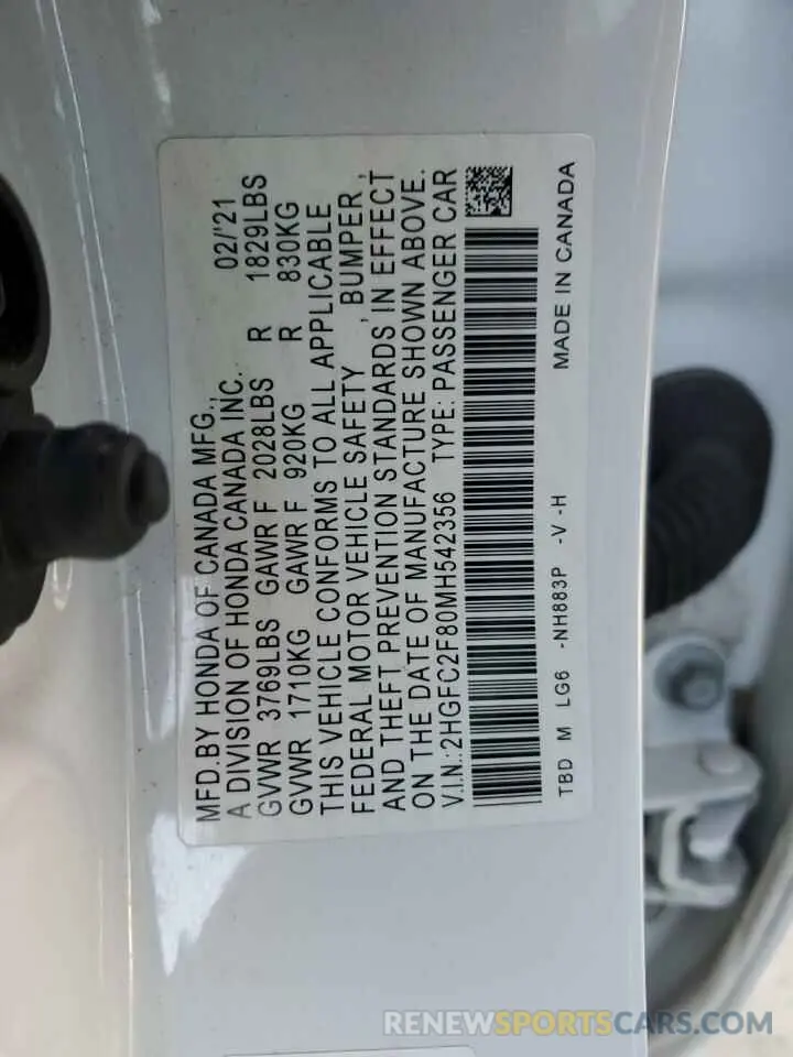 13 Фотография поврежденного автомобиля 2HGFC2F80MH542356 HONDA CIVIC 2021
