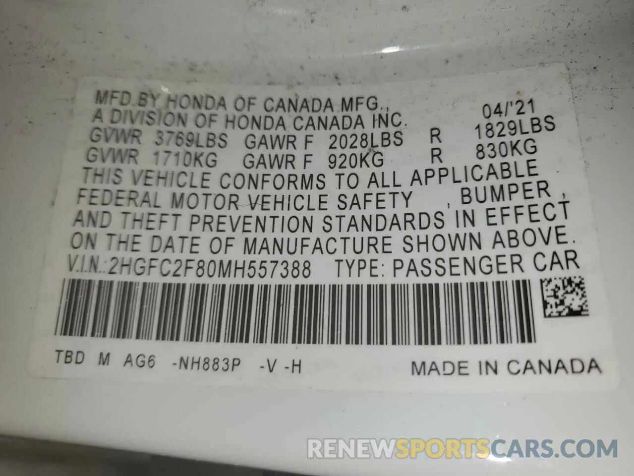 13 Photograph of a damaged car 2HGFC2F80MH557388 HONDA CIVIC 2021