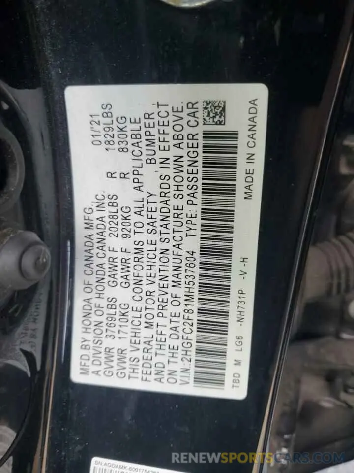 14 Фотография поврежденного автомобиля 2HGFC2F81MH537604 HONDA CIVIC 2021